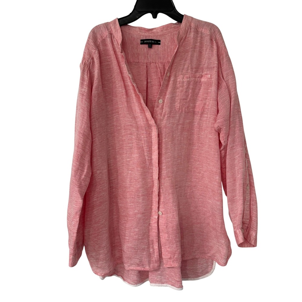 Lafayette 148 New York Coral Pink Slub Linen Button Down Shirt Band Collar Sz M